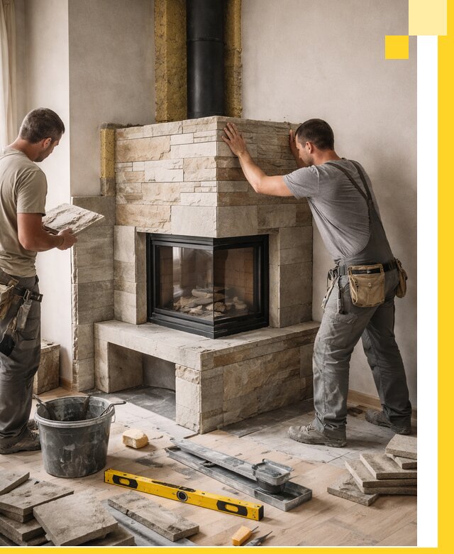 Угловые камины под ключ проект, монтаж и отделка в Киселёвске