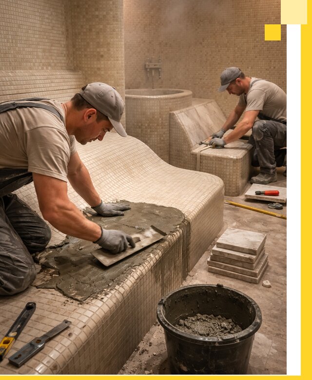 Лежаки для хамама под ключ в Киселёвске, проект и монтаж